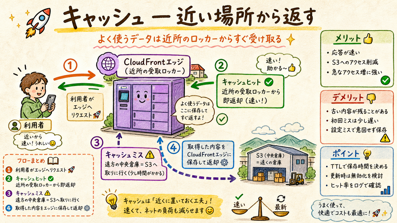 CloudFrontのキャッシュヒットとキャッシュミスの分岐図