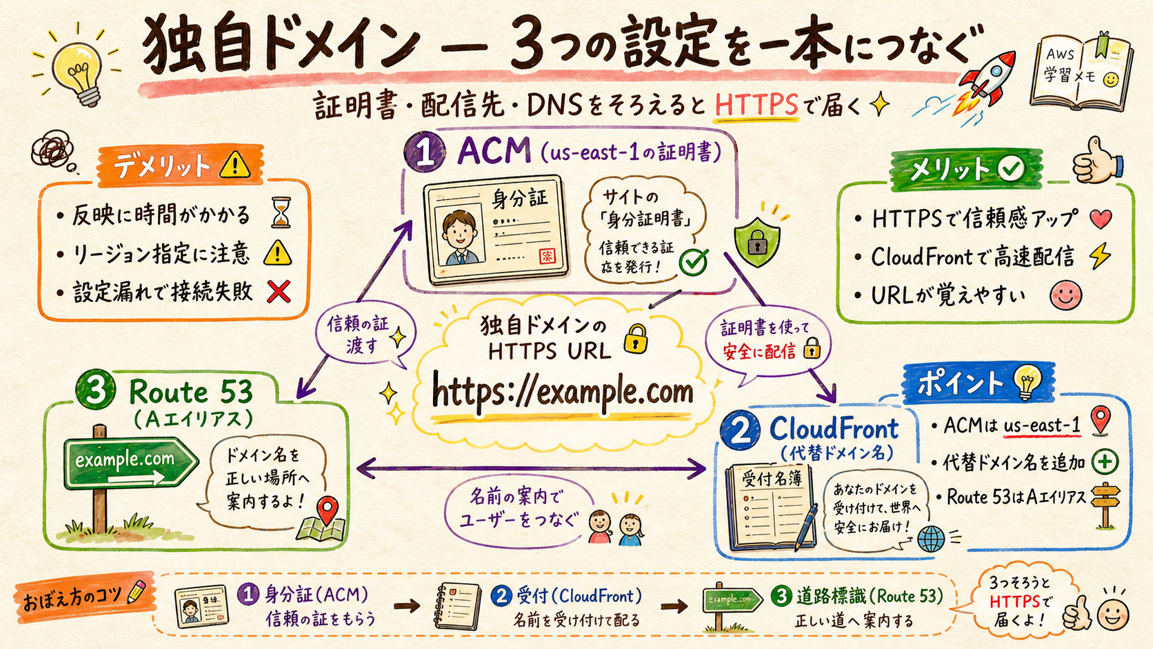 ACM証明書、CloudFront代替ドメイン、Route 53 Aエイリアスの関係図